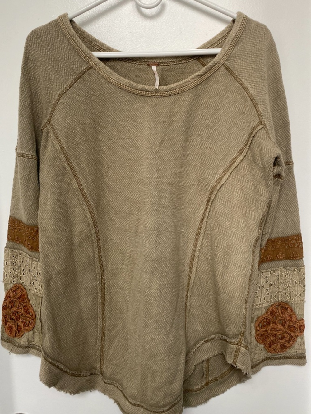 Free People Boho Patchwork Long Sleeve Pullover Top Taupe Olive